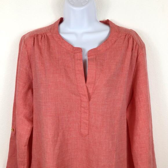 ELLEN TRACY LINEN Split Neck 3/4 Length Sleeve Coral Tunic size L - Picture 2 of 10